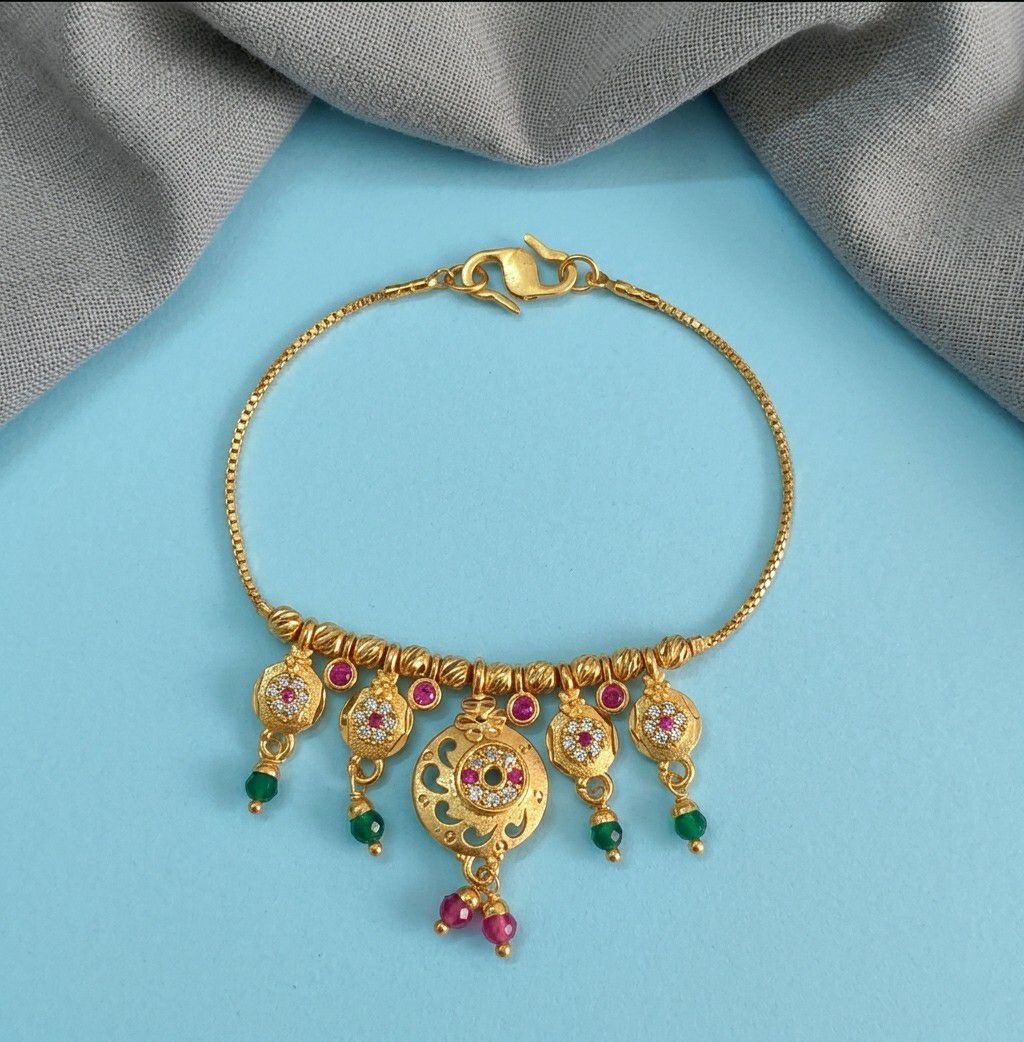 Gold Plated CZ Diamond Jhumar Bracelet for Women | Adjustable Dabi Peking Chain Bracelet | Premium Brass Jewellery | B-56