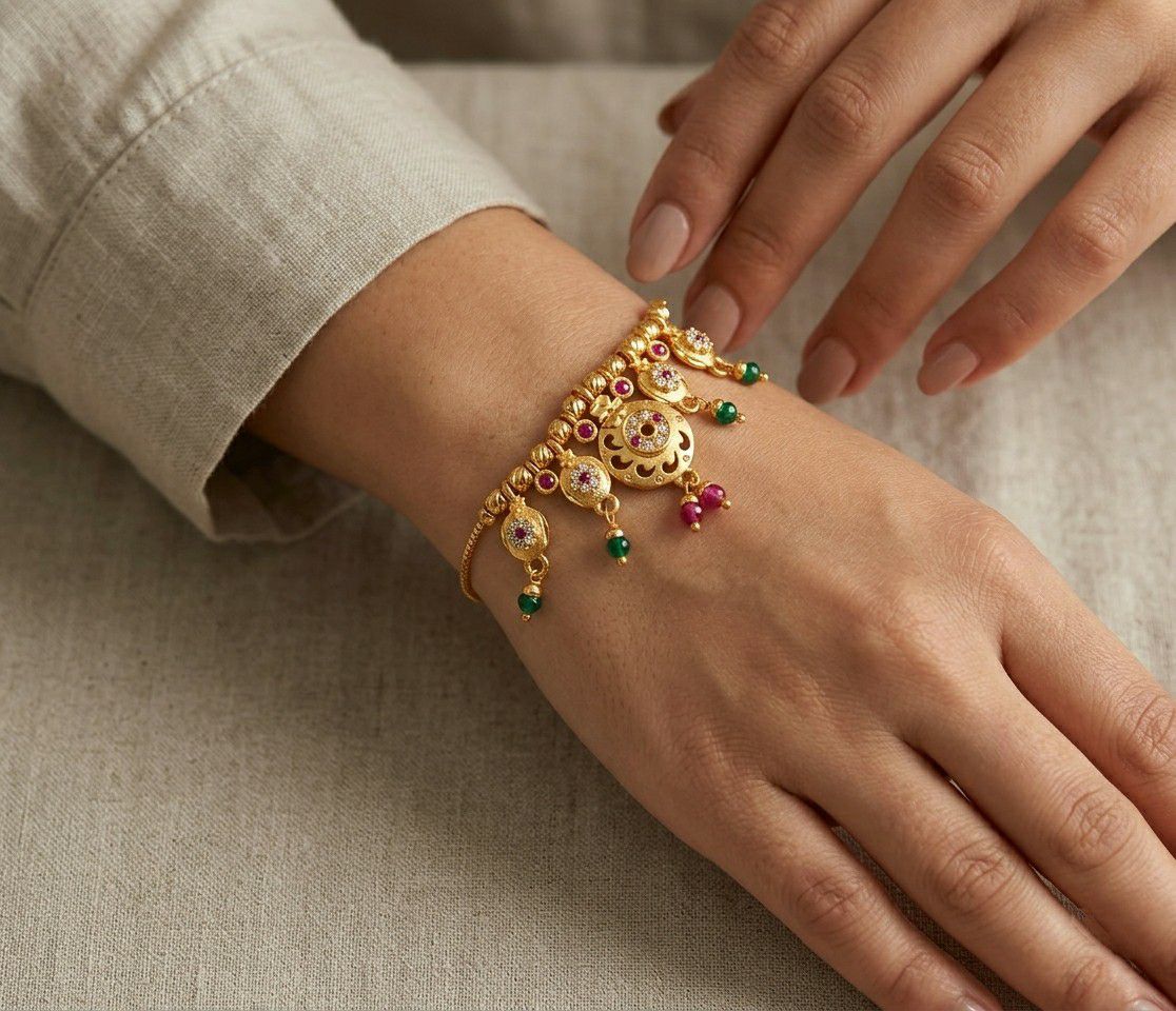Gold Plated CZ Diamond Jhumar Bracelet for Women | Adjustable Dabi Peking Chain Bracelet | Premium Brass Jewellery | B-56
