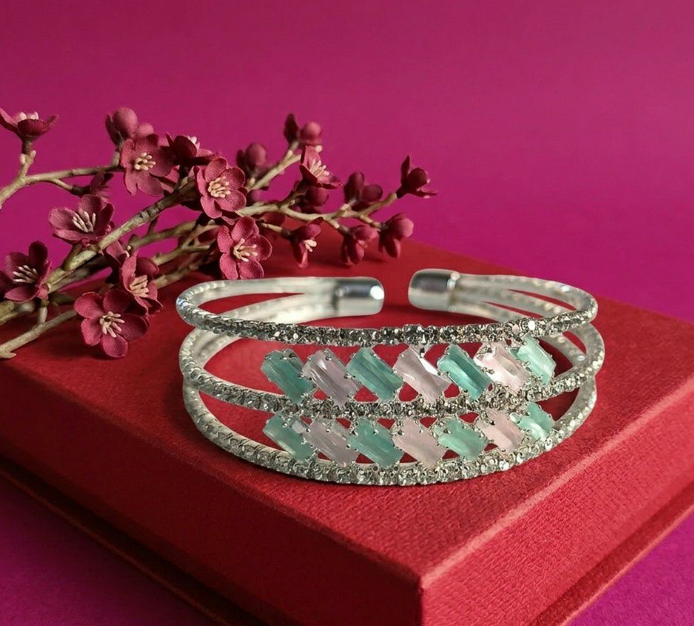 Silver Plated American Diamond Kada Bracelet for Women | Adjustable Brass & Copper Bracelet | Elegant Party Wear Jewellery | B-44