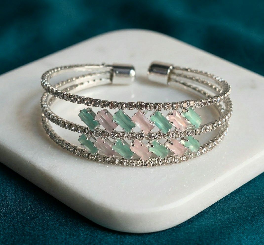 Silver Plated American Diamond Kada Bracelet for Women | Adjustable Brass & Copper Bracelet | Elegant Party Wear Jewellery | B-44
