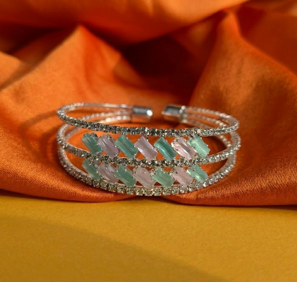 Silver Plated American Diamond Kada Bracelet for Women | Adjustable Brass & Copper Bracelet | Elegant Party Wear Jewellery | B-44