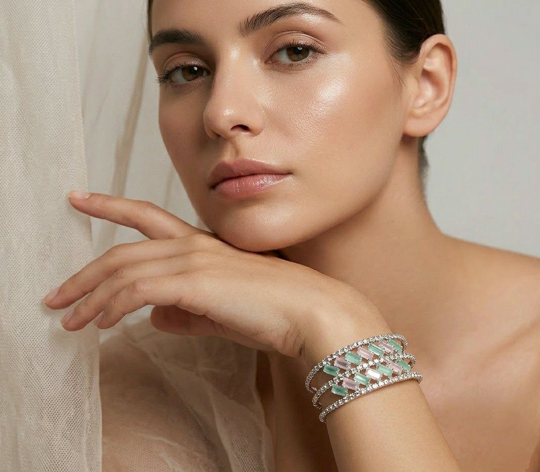 Silver Plated American Diamond Kada Bracelet for Women | Adjustable Brass & Copper Bracelet | Elegant Party Wear Jewellery | B-44
