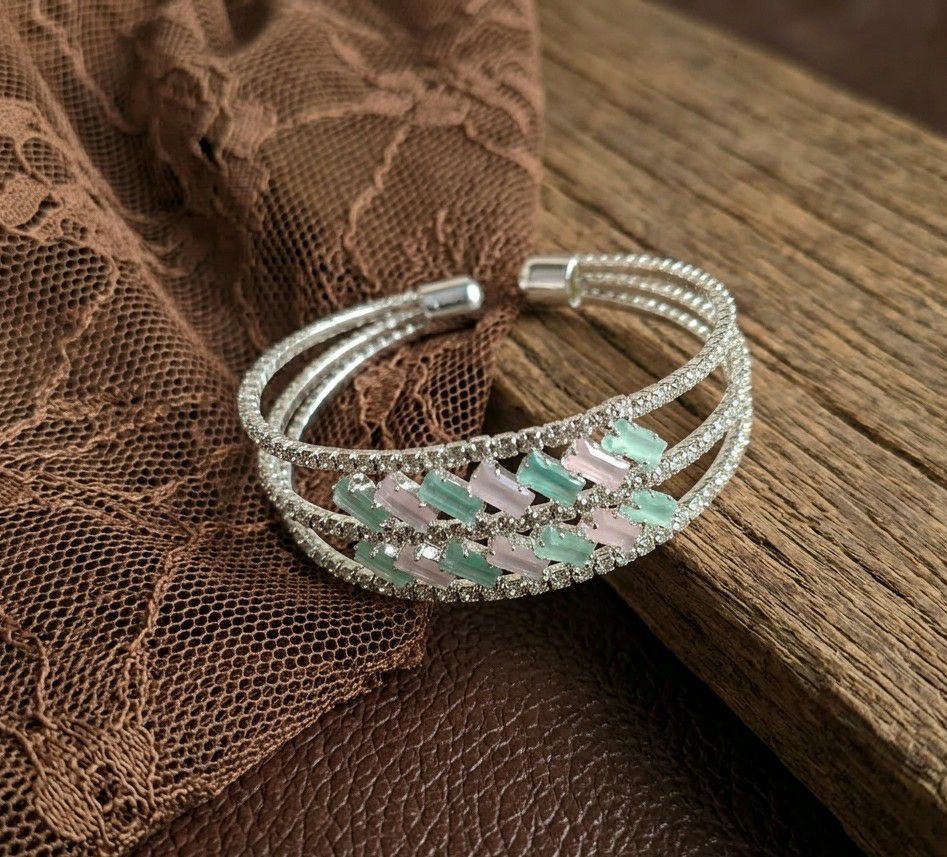 Silver Plated American Diamond Kada Bracelet for Women | Adjustable Brass & Copper Bracelet | Elegant Party Wear Jewellery | B-44