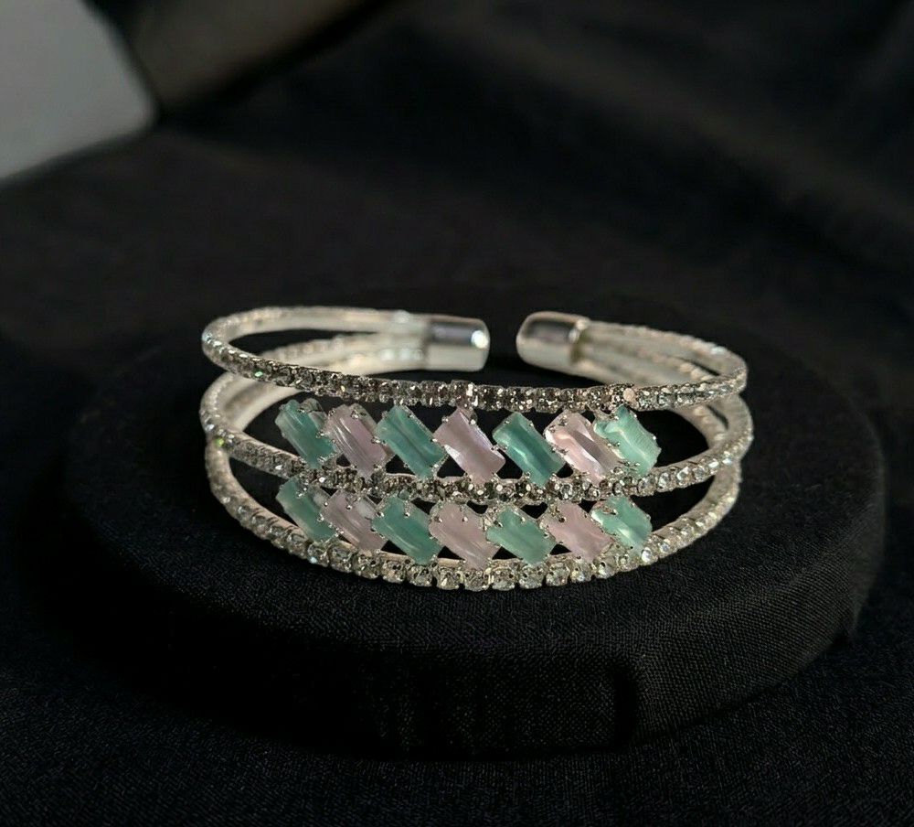 Silver Plated American Diamond Kada Bracelet for Women | Adjustable Brass & Copper Bracelet | Elegant Party Wear Jewellery | B-44
