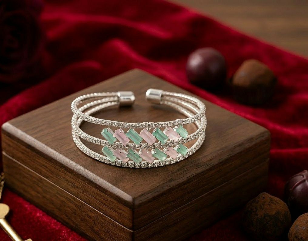 Silver Plated American Diamond Kada Bracelet for Women | Adjustable Brass & Copper Bracelet | Elegant Party Wear Jewellery | B-44