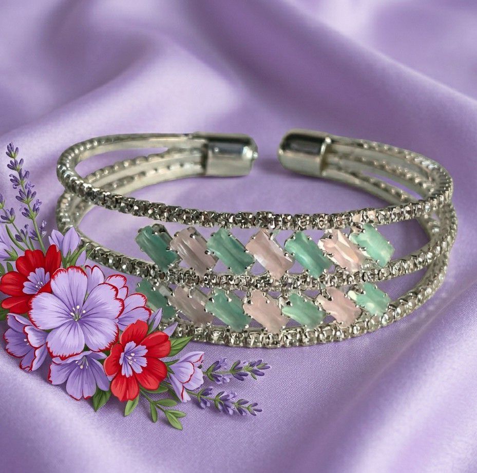 Silver Plated American Diamond Kada Bracelet for Women | Adjustable Brass & Copper Bracelet | Elegant Party Wear Jewellery | B-44