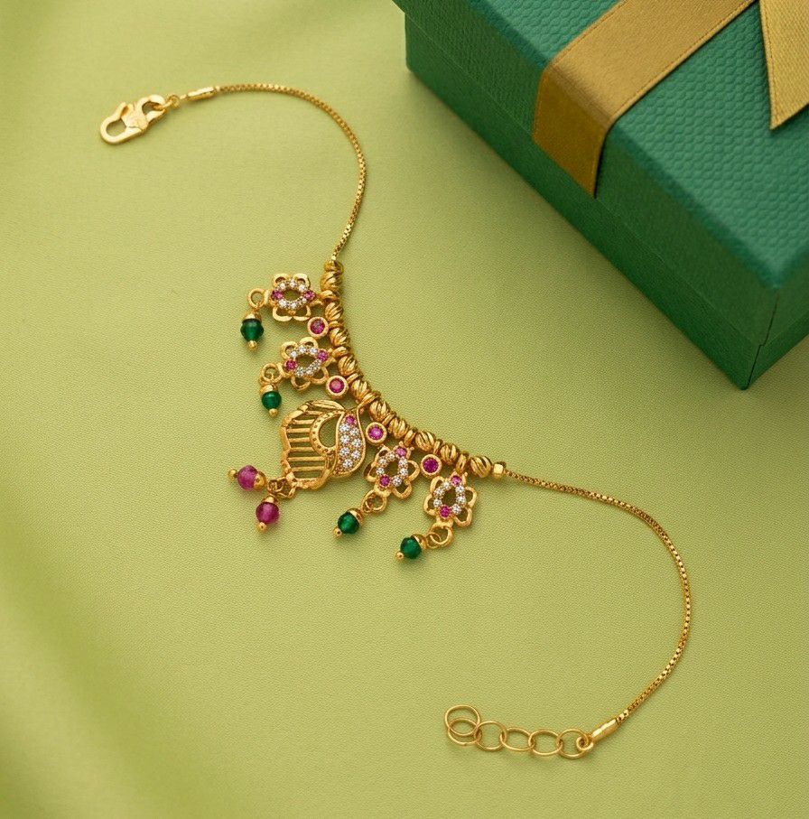 Gold Plated CZ Diamond Jhumar Bracelet for Women | Adjustable Dabi Peking Chain Bracelet | Premium Brass Jewellery | B-57