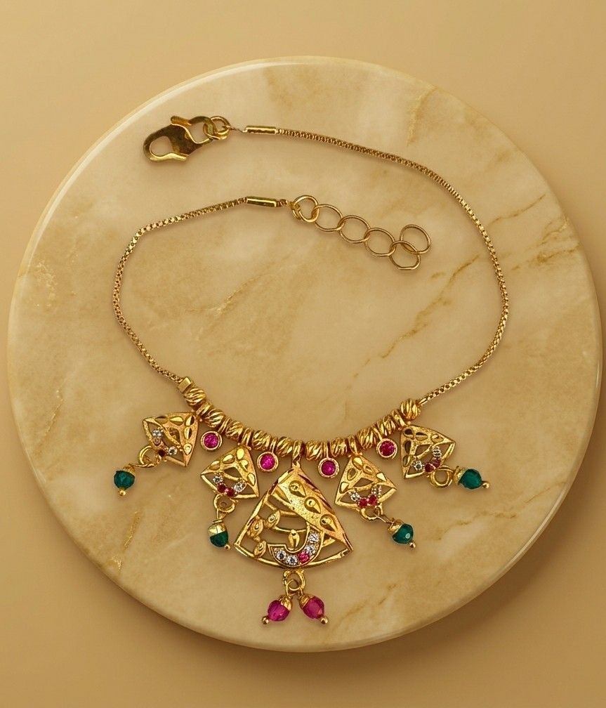 Gold Plated CZ Diamond Chain Bracelet for Women | Adjustable Dabi Peking Jhumar Bracelet | Premium Brass Jewellery | B-58