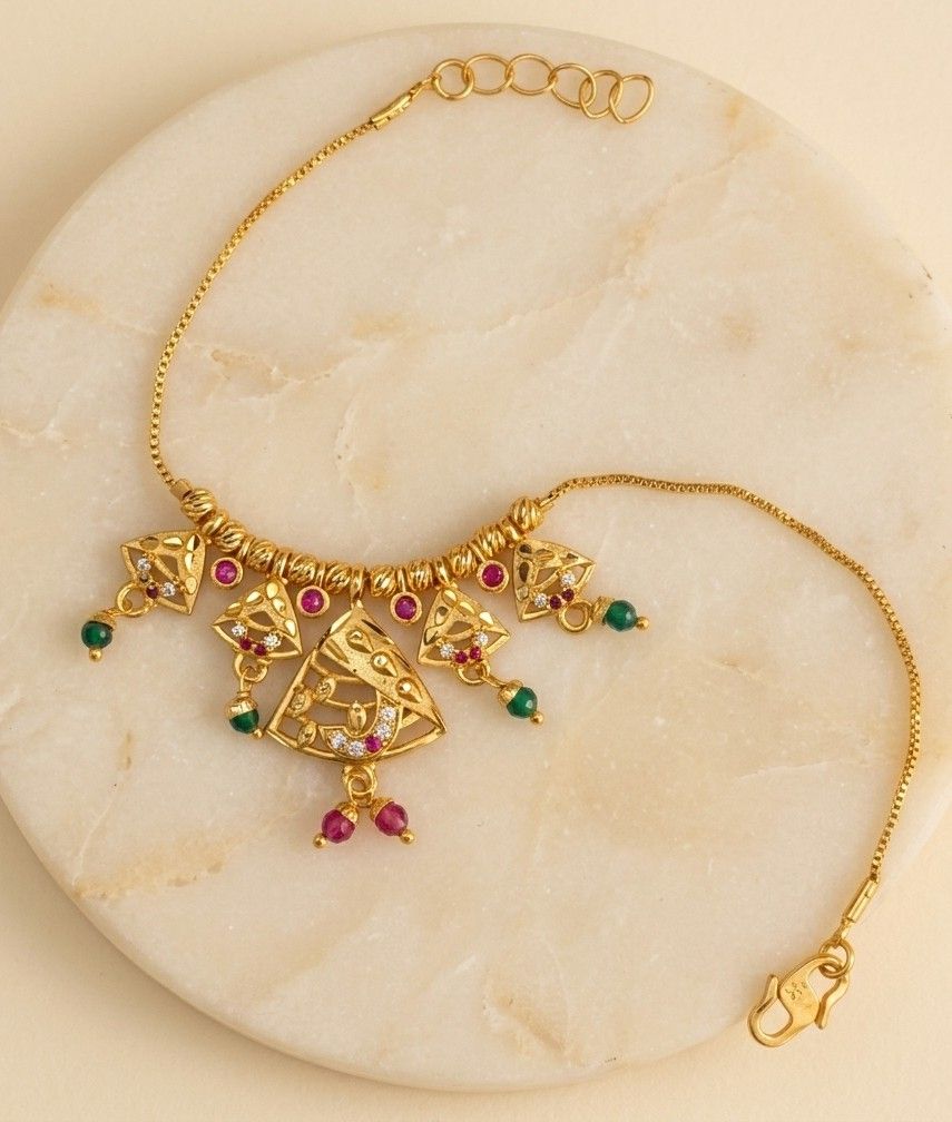 Gold Plated CZ Diamond Chain Bracelet for Women | Adjustable Dabi Peking Jhumar Bracelet | Premium Brass Jewellery | B-58