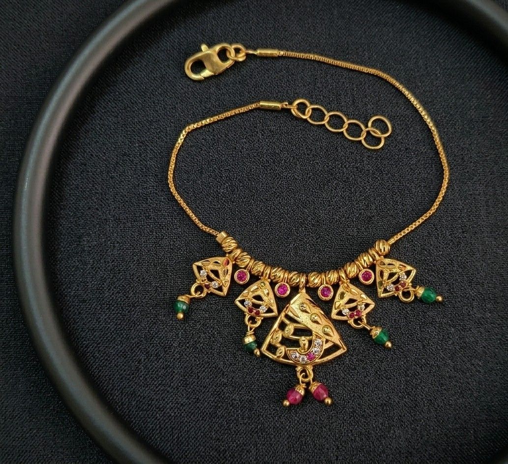 Gold Plated CZ Diamond Chain Bracelet for Women | Adjustable Dabi Peking Jhumar Bracelet | Premium Brass Jewellery | B-58