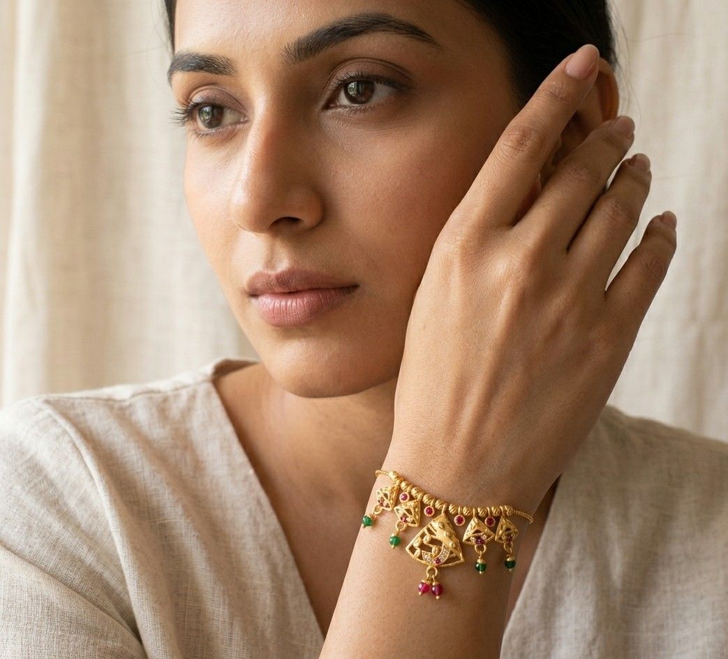Gold Plated CZ Diamond Chain Bracelet for Women | Adjustable Dabi Peking Jhumar Bracelet | Premium Brass Jewellery | B-58