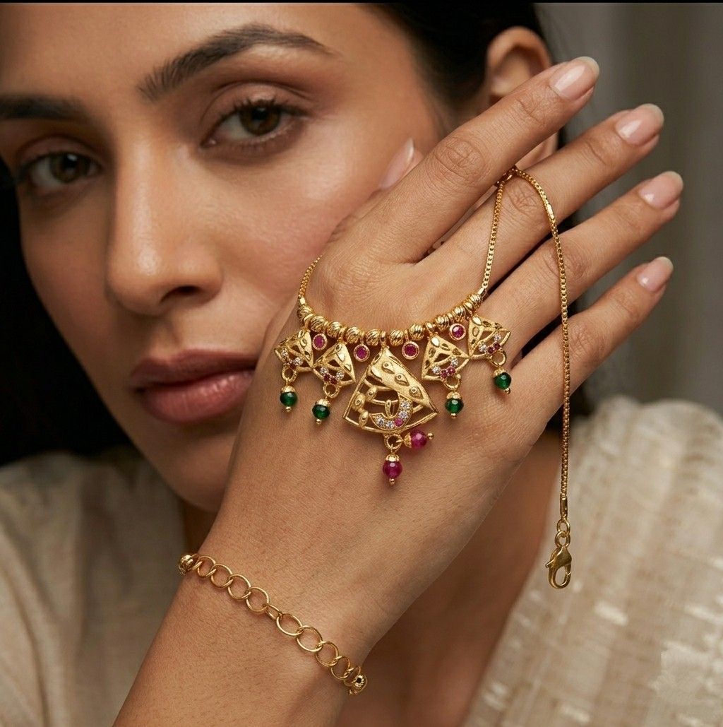Gold Plated CZ Diamond Chain Bracelet for Women | Adjustable Dabi Peking Jhumar Bracelet | Premium Brass Jewellery | B-58