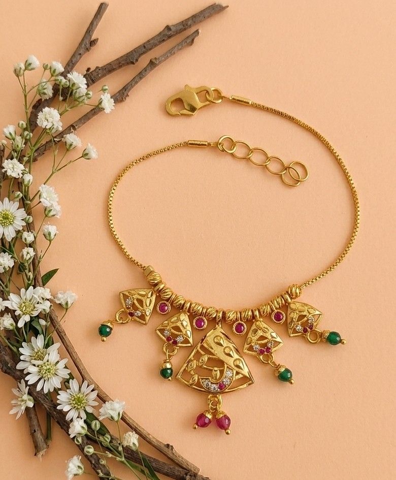Gold Plated CZ Diamond Chain Bracelet for Women | Adjustable Dabi Peking Jhumar Bracelet | Premium Brass Jewellery | B-58