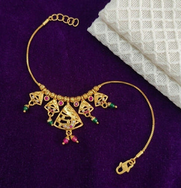 Gold Plated CZ Diamond Chain Bracelet for Women | Adjustable Dabi Peking Jhumar Bracelet | Premium Brass Jewellery | B-58