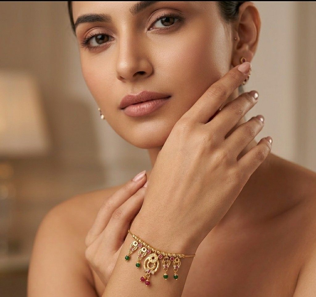 Gold Plated CZ Diamond Jhumar Bracelet for Women | Adjustable Dabi Peking Chain Bracelet | Premium Brass Jewellery | B-59