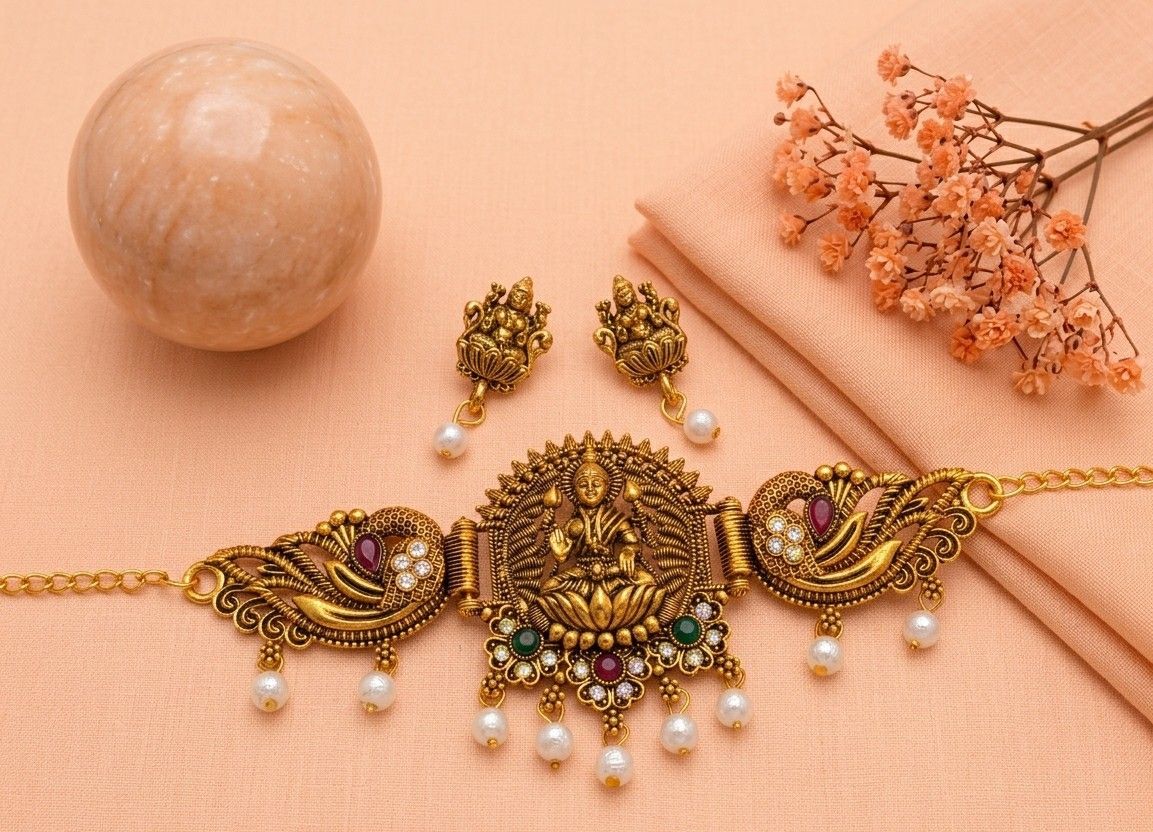 Gold Plated Temple Jewellery Choker Set for Women | Meenakari Laxmi Necklace with Earrings | South Indian Bridal Jewellery | CH-3