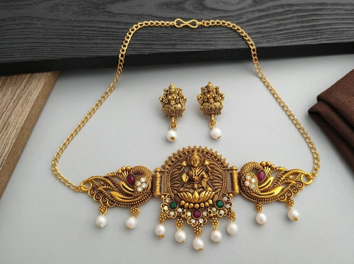 Gold Plated Temple Jewellery Choker Set for Women | Meenakari Laxmi Necklace with Earrings | South Indian Bridal Jewellery | CH-3