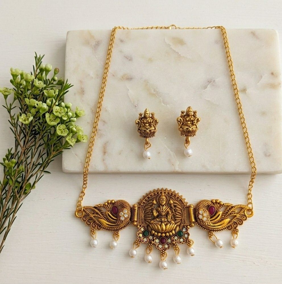 Gold Plated Temple Jewellery Choker Set for Women | Meenakari Laxmi Necklace with Earrings | South Indian Bridal Jewellery | CH-3