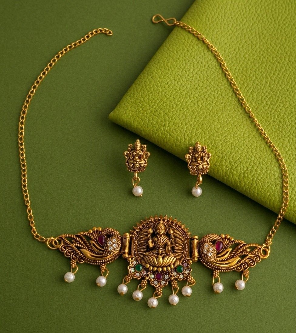 Gold Plated Temple Jewellery Choker Set for Women | Meenakari Laxmi Necklace with Earrings | South Indian Bridal Jewellery | CH-3