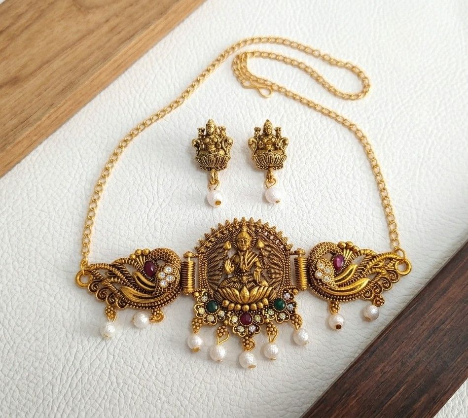 Gold Plated Temple Jewellery Choker Set for Women | Meenakari Laxmi Necklace with Earrings | South Indian Bridal Jewellery | CH-3