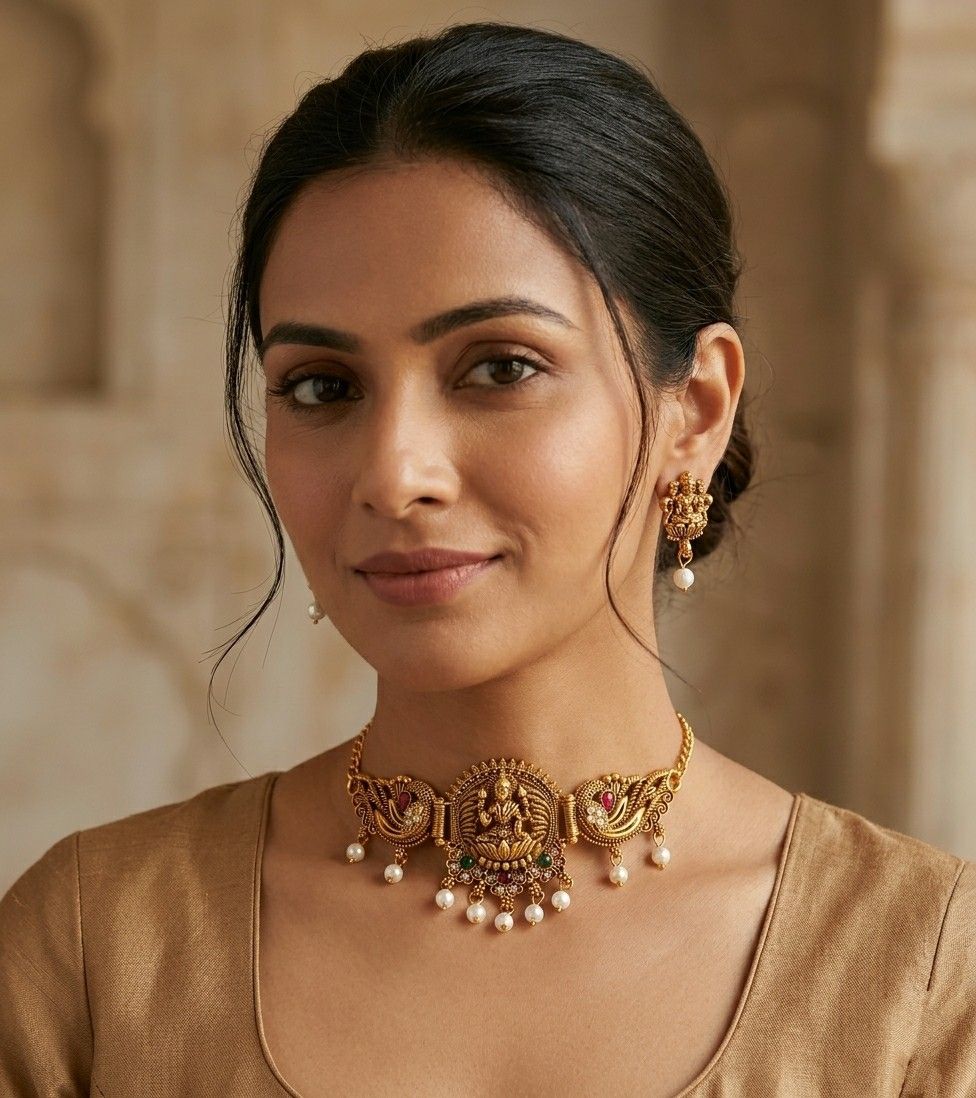 Gold Plated Temple Jewellery Choker Set for Women | Meenakari Laxmi Necklace with Earrings | South Indian Bridal Jewellery | CH-3