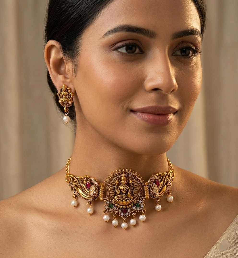 Gold Plated Temple Jewellery Choker Set for Women | Meenakari Laxmi Necklace with Earrings | South Indian Bridal Jewellery | CH-3