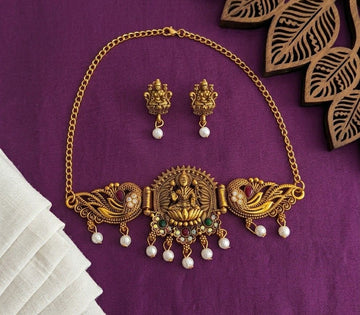 Gold Plated Temple Jewellery Choker Set for Women | Meenakari Laxmi Necklace with Earrings | South Indian Bridal Jewellery | CH-3