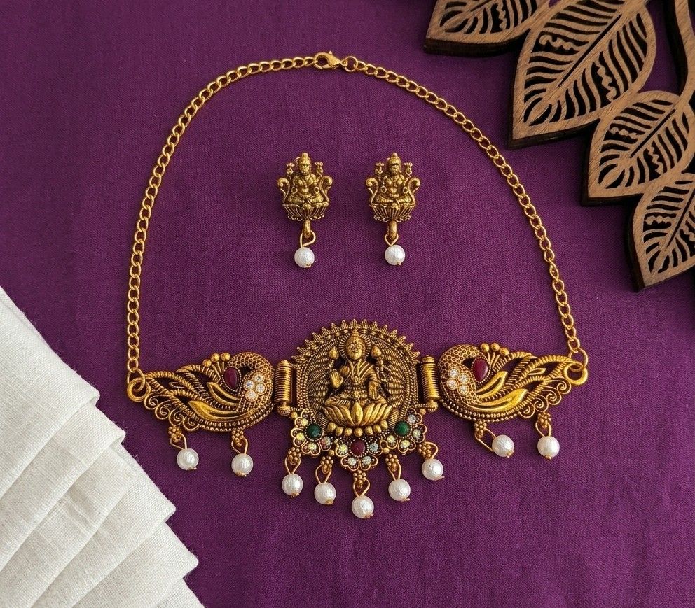 Gold Plated Temple Jewellery Choker Set for Women | Meenakari Laxmi Necklace with Earrings | South Indian Bridal Jewellery | CH-3