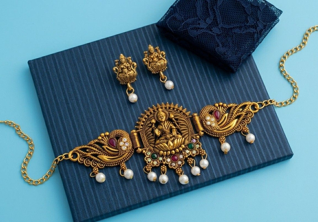 Gold Plated Temple Jewellery Choker Set for Women | Meenakari Laxmi Necklace with Earrings | South Indian Bridal Jewellery | CH-3