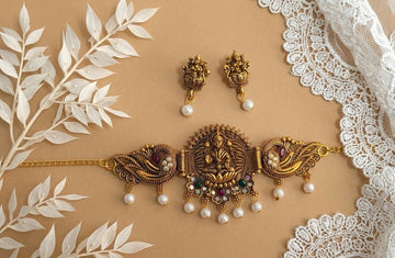 Gold Plated Temple Jewellery Choker Set for Women | Meenakari Laxmi Necklace with Earrings | South Indian Bridal Jewellery | CH-3