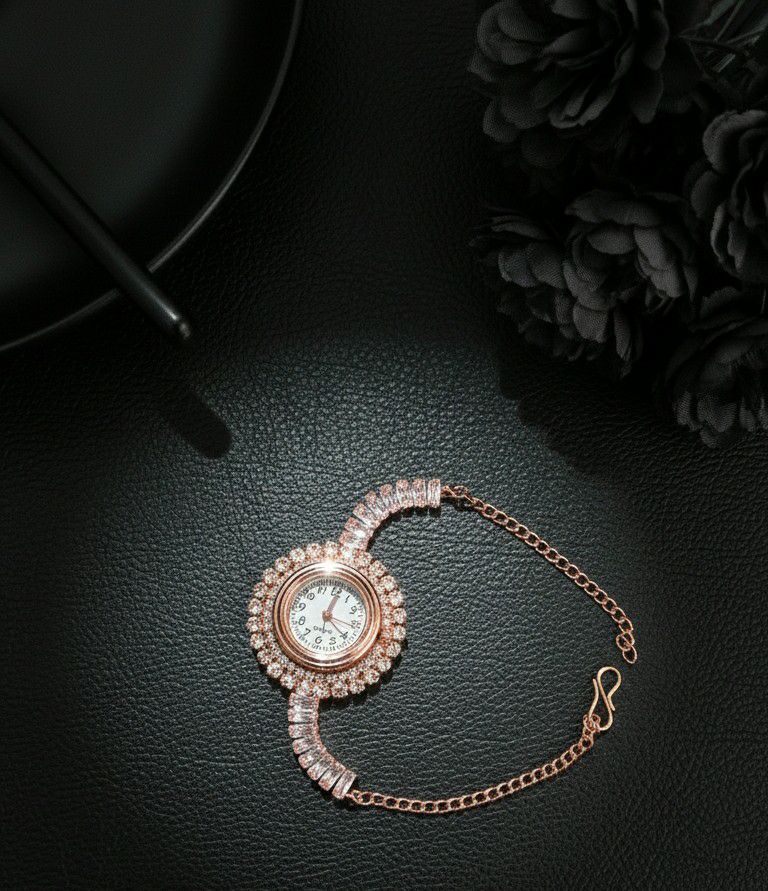 Rose Gold Plated American Diamond Watch Style Bracelet for Women | Adjustable Free Size Bracelet | Brass & Steel Jewellery | B-21