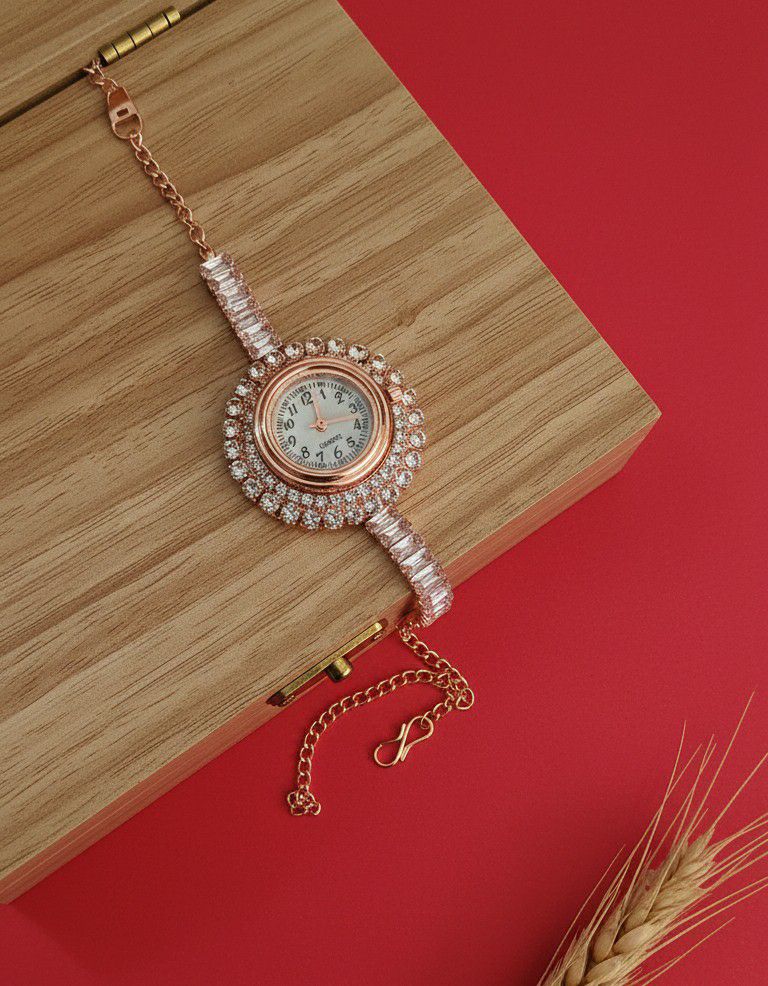 Rose Gold Plated American Diamond Watch Style Bracelet for Women | Adjustable Free Size Bracelet | Brass & Steel Jewellery | B-21