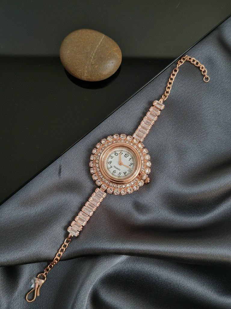 Rose Gold Plated American Diamond Watch Style Bracelet for Women | Adjustable Free Size Bracelet | Brass & Steel Jewellery | B-21