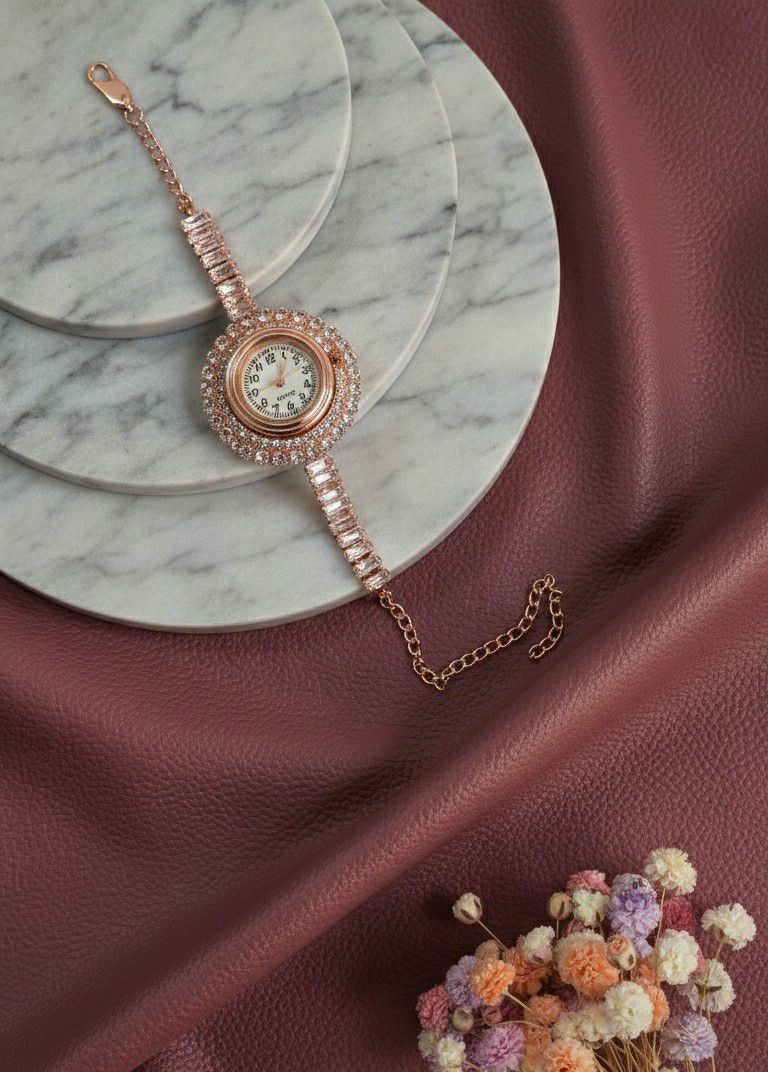 Rose Gold Plated American Diamond Watch Style Bracelet for Women | Adjustable Free Size Bracelet | Brass & Steel Jewellery | B-21