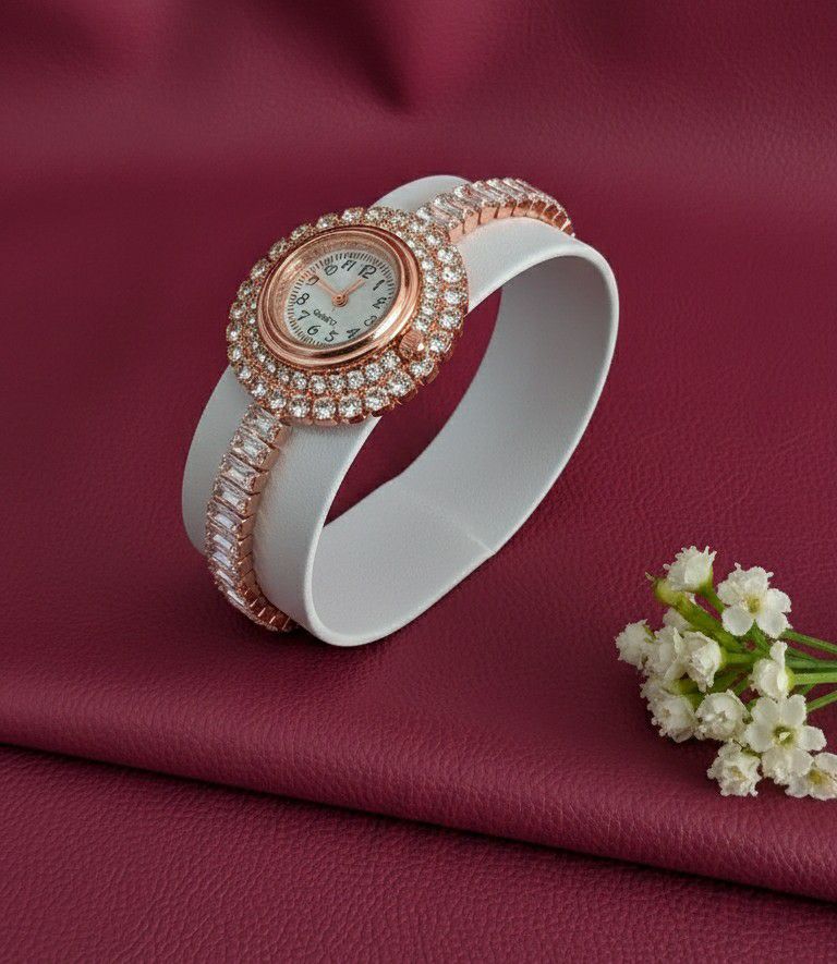 Rose Gold Plated American Diamond Watch Style Bracelet for Women | Adjustable Free Size Bracelet | Brass & Steel Jewellery | B-21