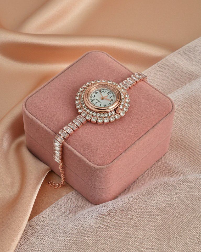 Rose Gold Plated American Diamond Watch Style Bracelet for Women | Adjustable Free Size Bracelet | Brass & Steel Jewellery | B-21