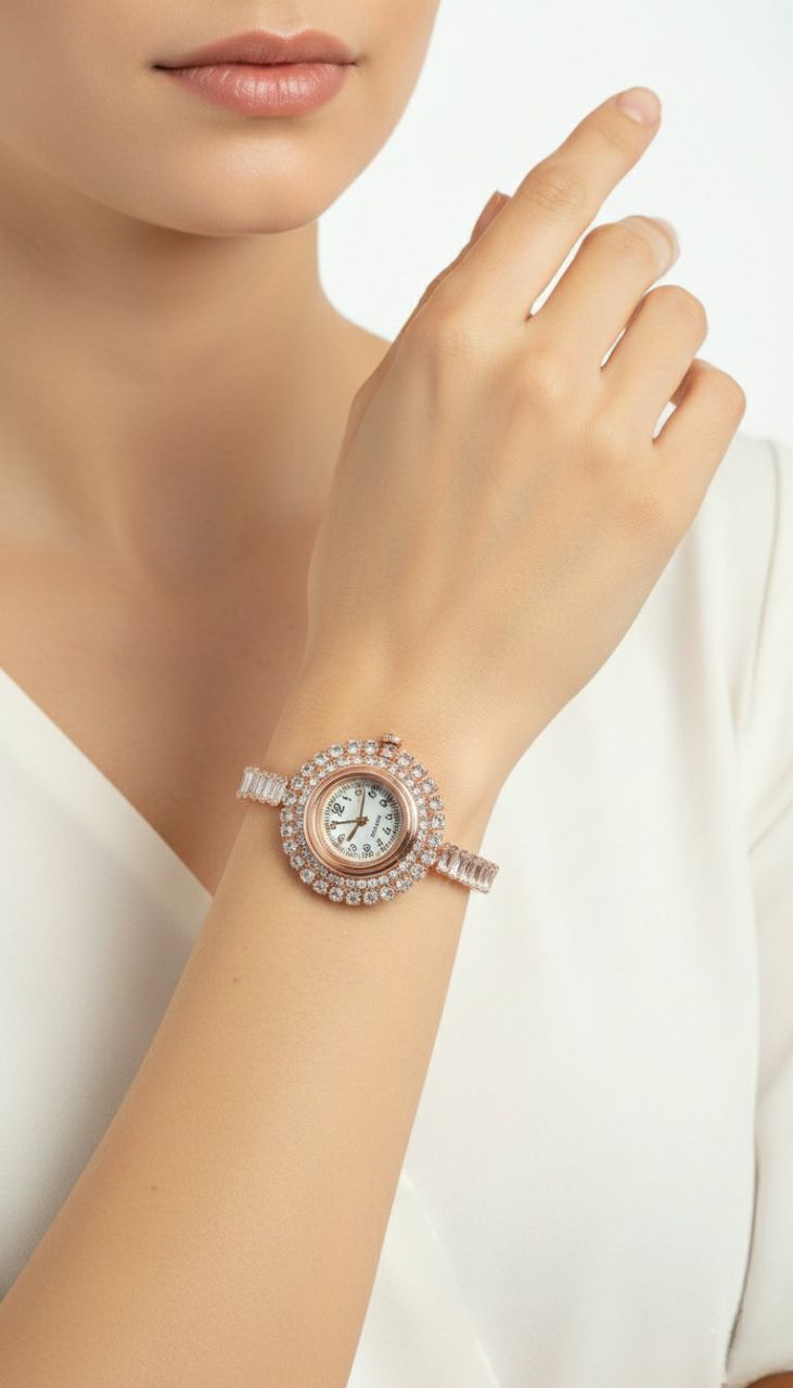 Rose Gold Plated American Diamond Watch Style Bracelet for Women | Adjustable Free Size Bracelet | Brass & Steel Jewellery | B-21