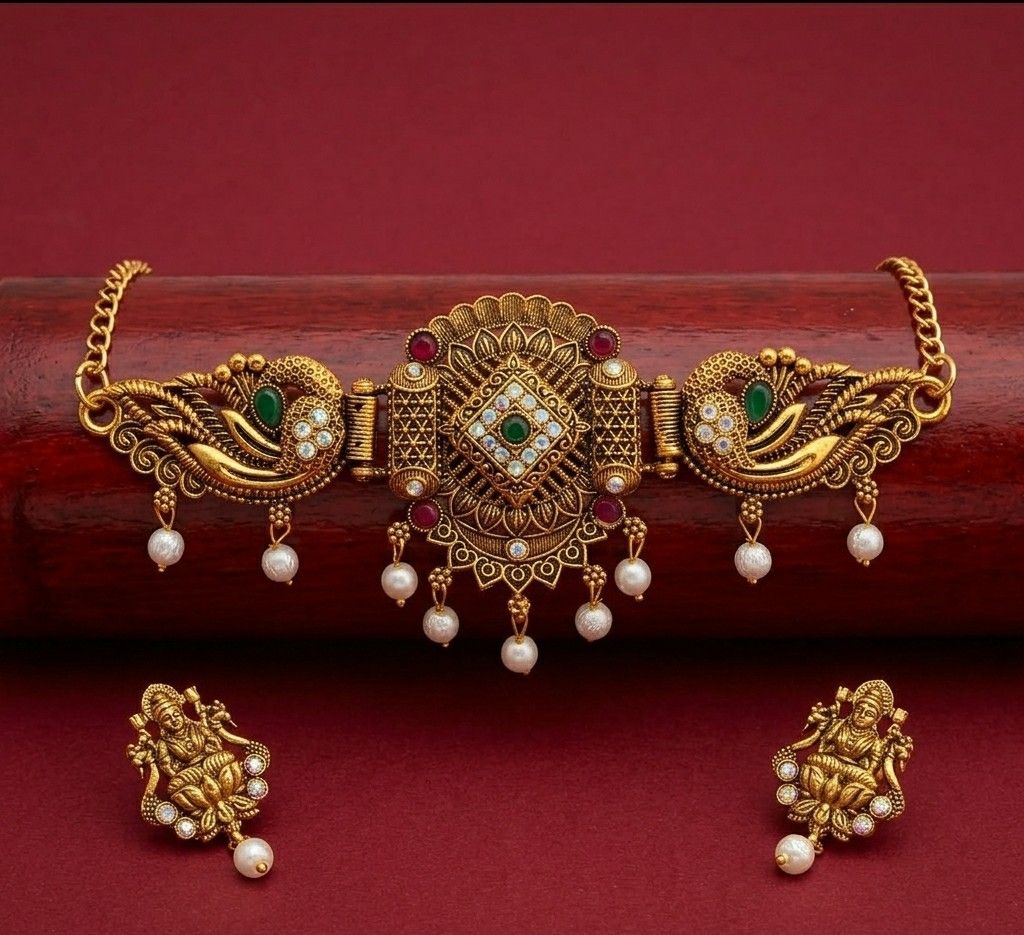Gold Plated Minakari Temple Jewellery Choker Set with Earrings | Adjustable South Indian Choker Necklace Set | Imitation Jewellery | CH-4