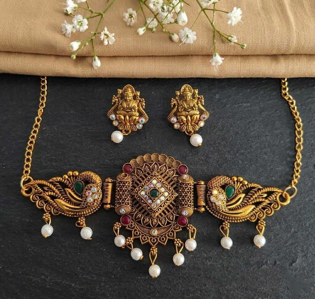 Gold Plated Minakari Temple Jewellery Choker Set with Earrings | Adjustable South Indian Choker Necklace Set | Imitation Jewellery | CH-4