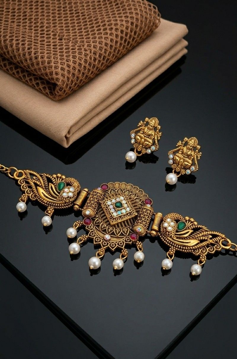 Gold Plated Minakari Temple Jewellery Choker Set with Earrings | Adjustable South Indian Choker Necklace Set | Imitation Jewellery | CH-4