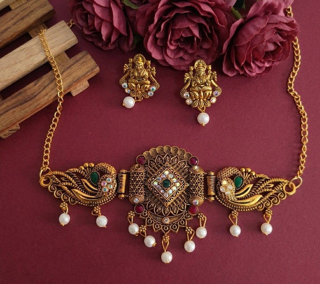 Gold Plated Minakari Temple Jewellery Choker Set with Earrings | Adjustable South Indian Choker Necklace Set | Imitation Jewellery | CH-4