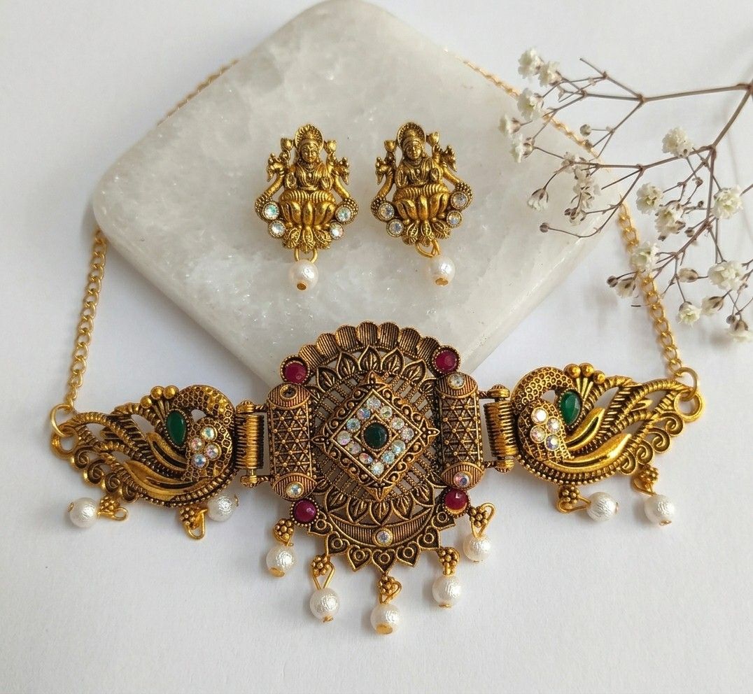Gold Plated Minakari Temple Jewellery Choker Set with Earrings | Adjustable South Indian Choker Necklace Set | Imitation Jewellery | CH-4