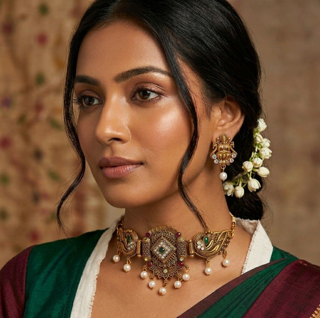 Gold Plated Minakari Temple Jewellery Choker Set with Earrings | Adjustable South Indian Choker Necklace Set | Imitation Jewellery | CH-4