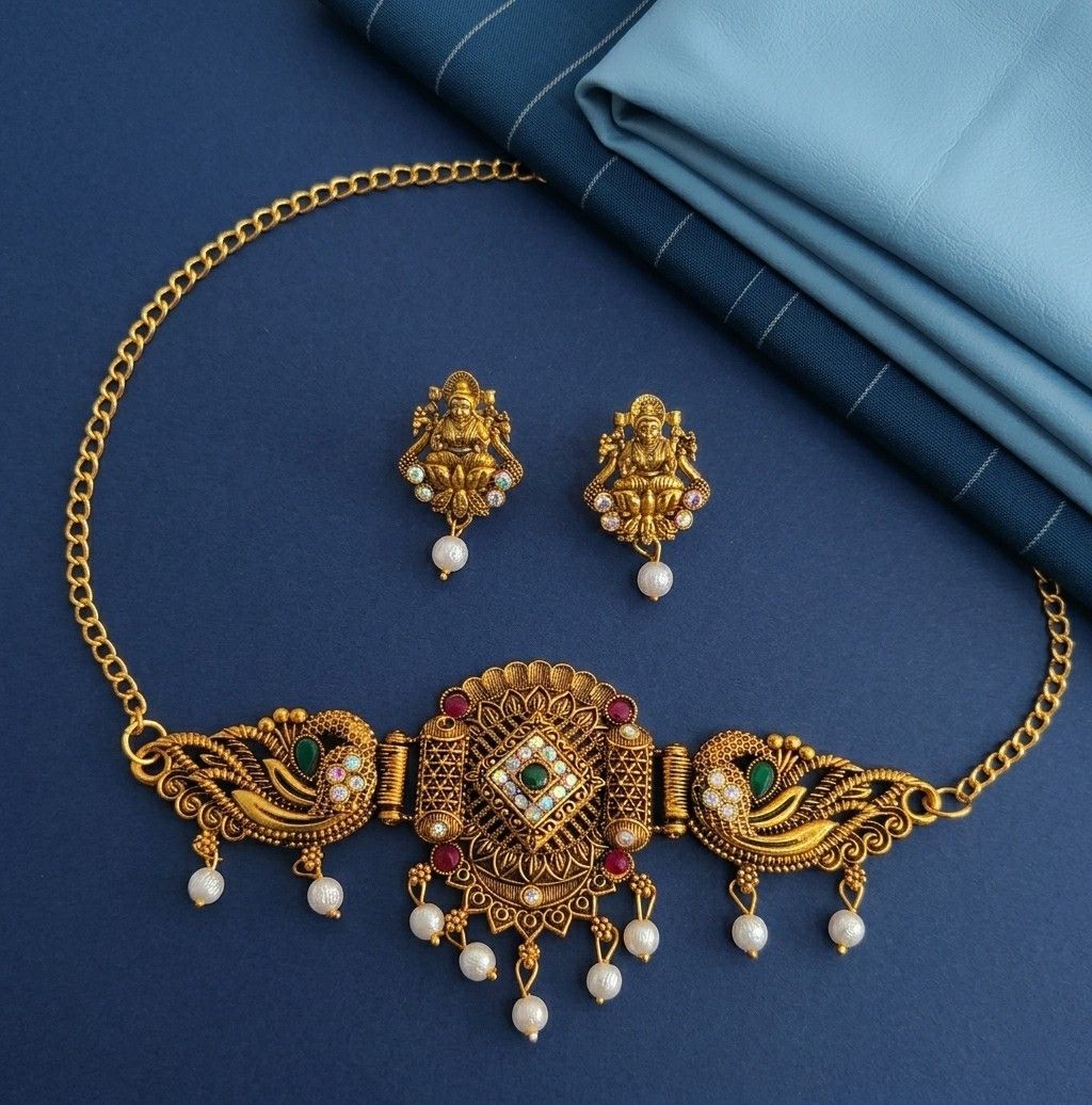 Gold Plated Minakari Temple Jewellery Choker Set with Earrings | Adjustable South Indian Choker Necklace Set | Imitation Jewellery | CH-4