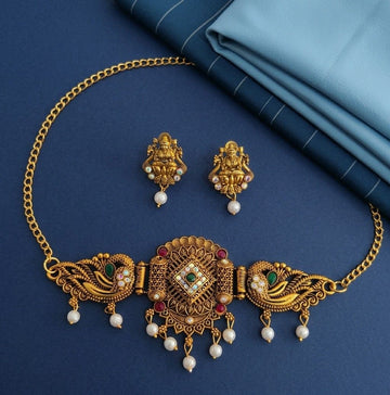 Gold Plated Minakari Temple Jewellery Choker Set with Earrings | Adjustable South Indian Choker Necklace Set | Imitation Jewellery | CH-4