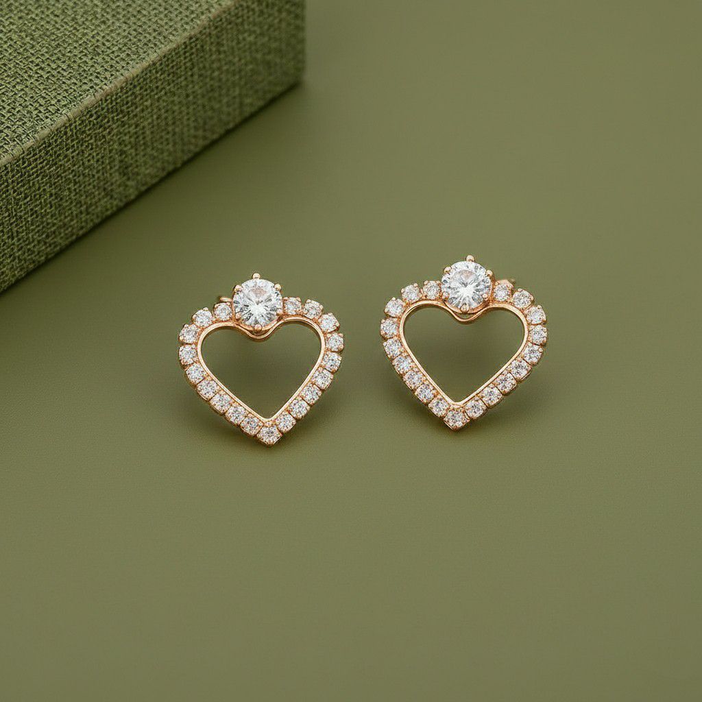 Rose Gold Plated American Diamond Heart Stud Earrings for Women | Small Heart Shape Earrings | Brass & Copper Jewellery | EA-6