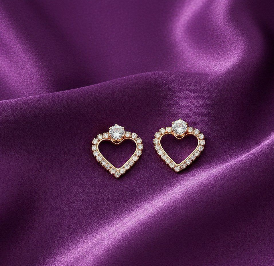Rose Gold Plated American Diamond Heart Stud Earrings for Women | Small Heart Shape Earrings | Brass & Copper Jewellery | EA-6