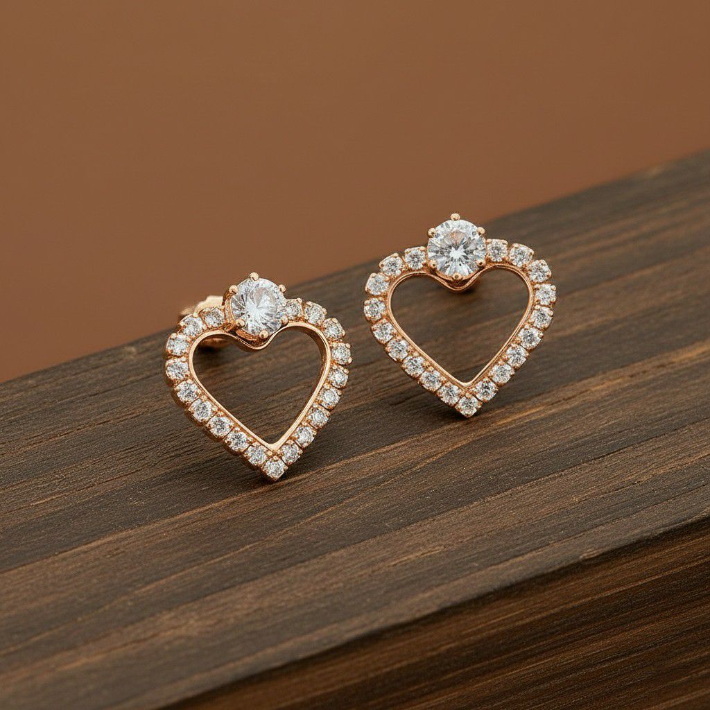 Rose Gold Plated American Diamond Heart Stud Earrings for Women | Small Heart Shape Earrings | Brass & Copper Jewellery | EA-6