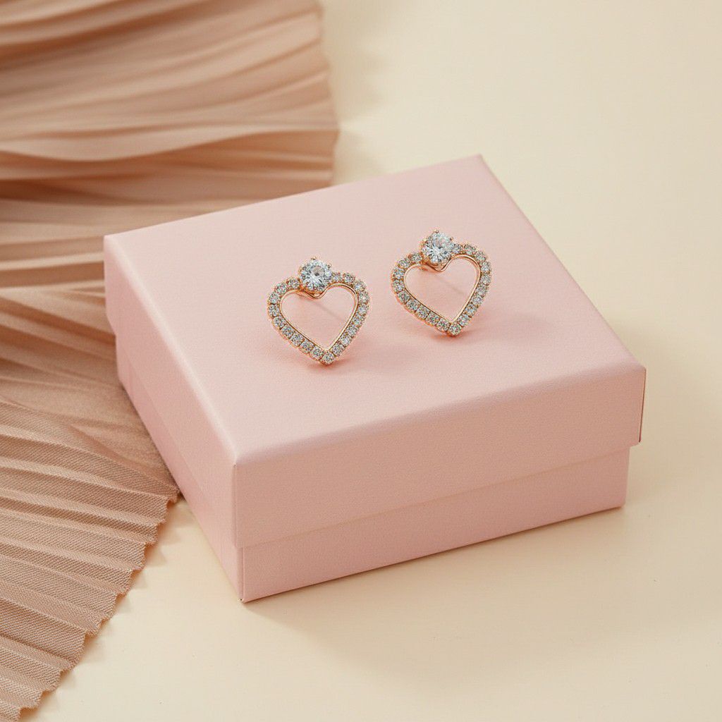 Rose Gold Plated American Diamond Heart Stud Earrings for Women | Small Heart Shape Earrings | Brass & Copper Jewellery | EA-6
