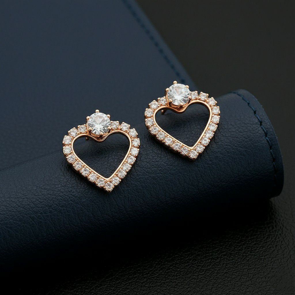 Rose Gold Plated American Diamond Heart Stud Earrings for Women | Small Heart Shape Earrings | Brass & Copper Jewellery | EA-6